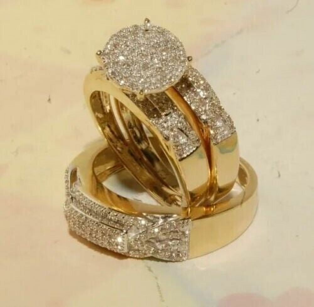 Bluebelljewels His \u0026 Her 14k Yellow Gold Plated White Diamond Ring Trio Set , Couple Engagement Ring Set